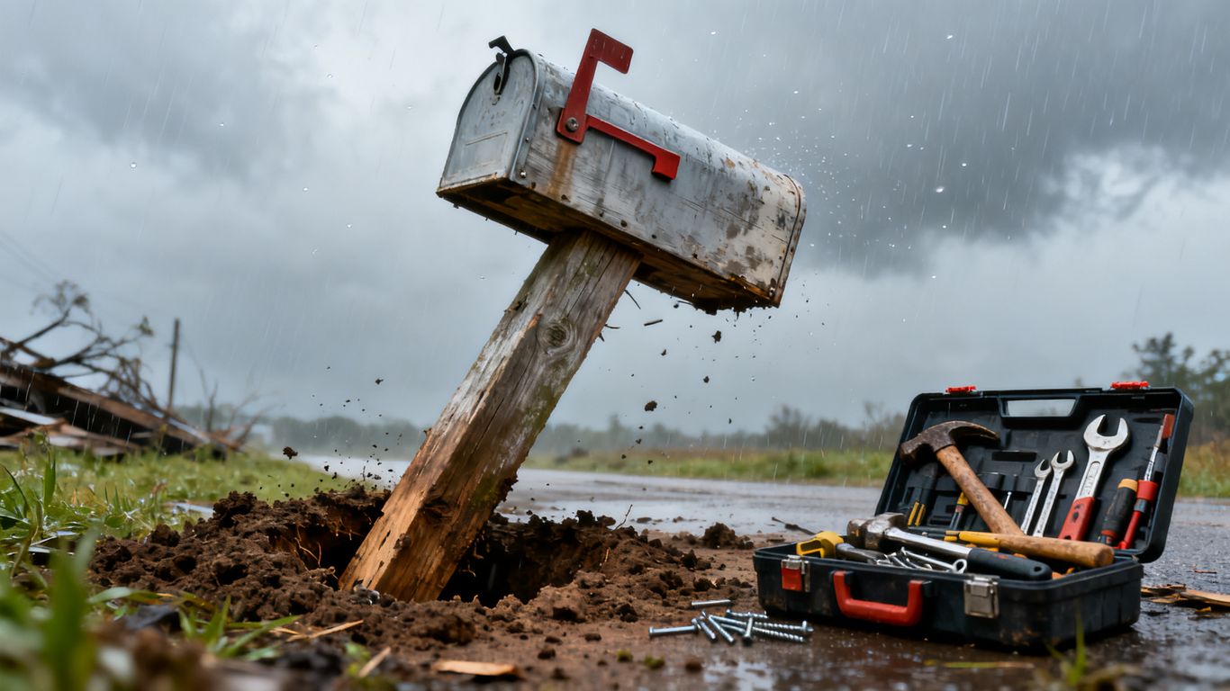 Leaning mailbox post after a thunderstorm, ready for repair.