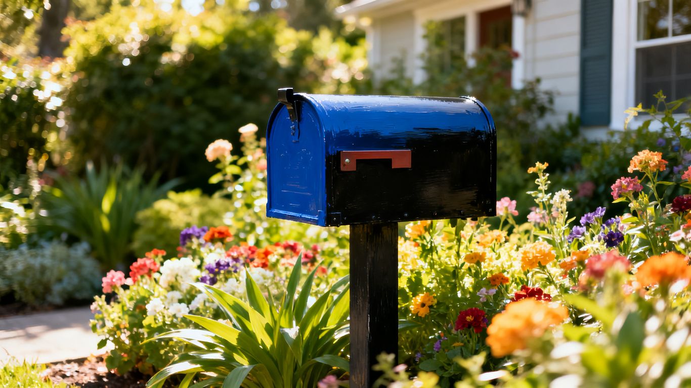 Refurbished mailbox with blooming flowers and landscaping.
