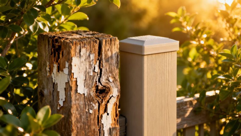 Hardwood and composite fence posts resisting rot